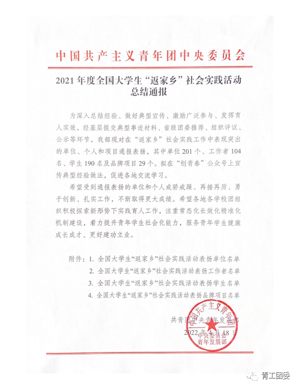 足球365学生获得2021年度全国大学生“返家乡”社会实践活动表彰